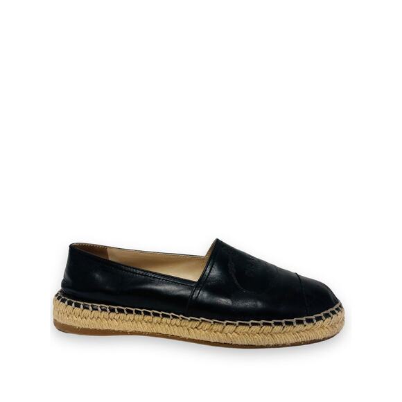 PRADA Black Leather Embossed Logo Espadrilles Flats Size 38 US 8 - Picture 3 of 6